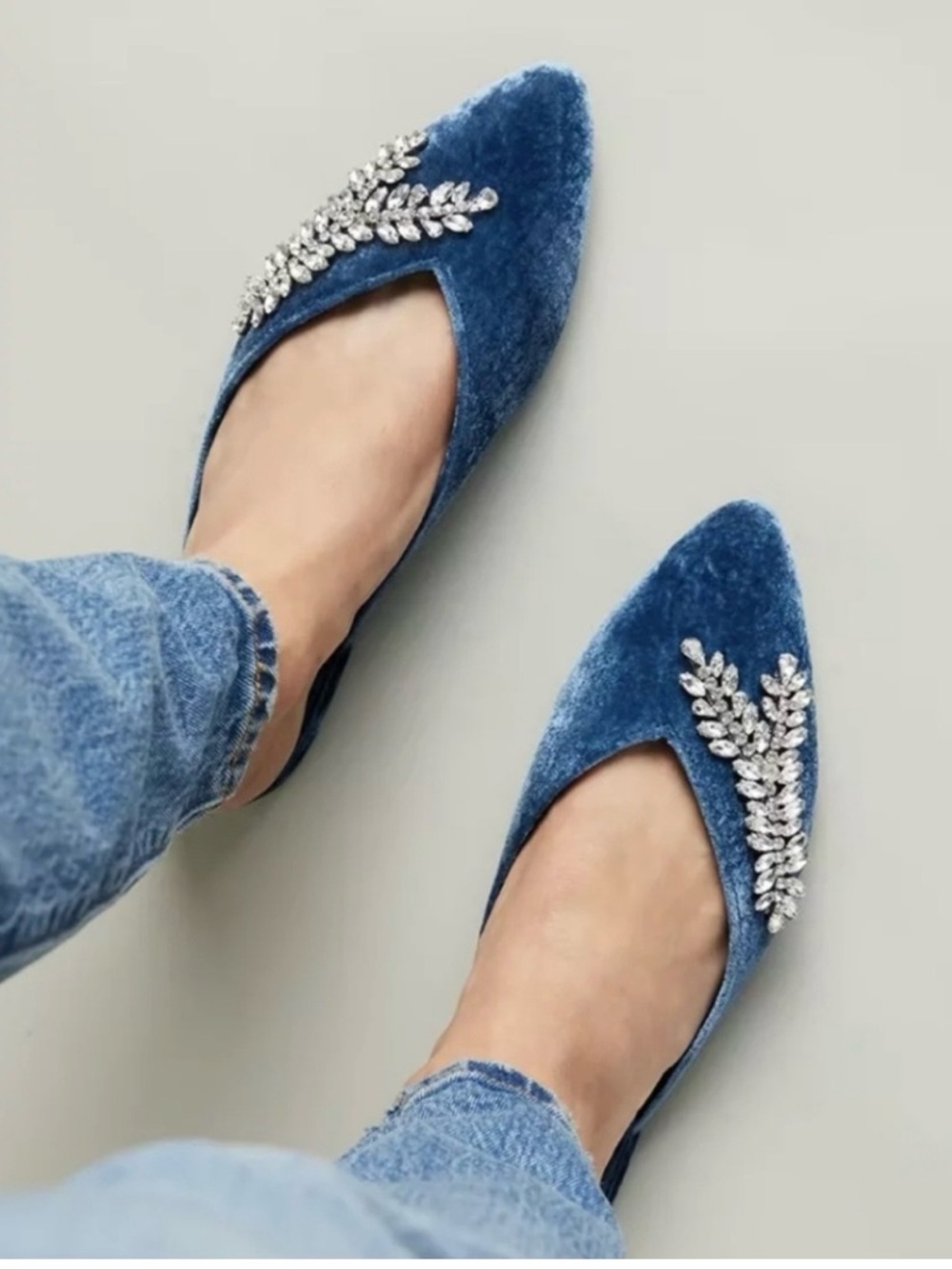 Birdies The Swan Mule Blue Velvet Pointed-Toe Mules with Crystal Embellishment - Picture 2 of 8